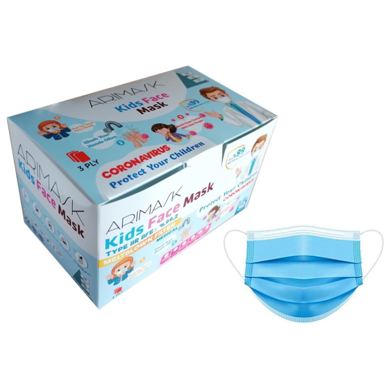ARIMASK Bērnu sejas aizsargmaska, 50 gab., zilas, 3-slāņu, PP/iep. izmēri 165x95x95 mm/iep