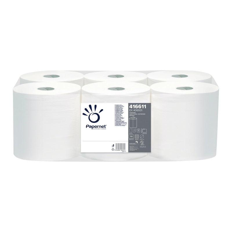 Roku dvielis STANDARD WHITE, rullis, 1-slāņa, 750 loksnes (36,5x20cm), 274m, ø 20cm,21g/m2