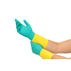 Gumijas cimdi ar floku "BICOLOR 200", 32cm, zili-dzelteni, (M), (pāris)
