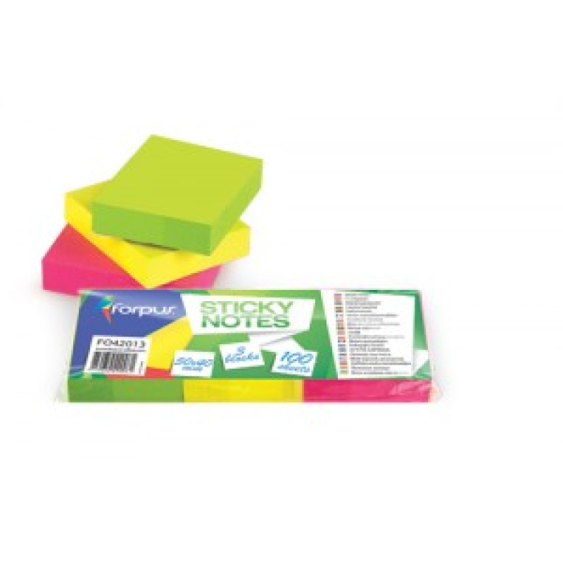 Piezīmju līmlapiņas FORPUS 50x38mm NEON 3gb