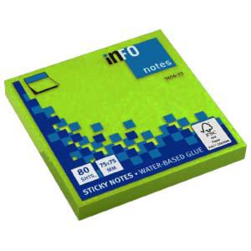 Līmlapiņas INFO NEON 75x75mm zaļas, 80 lapas
