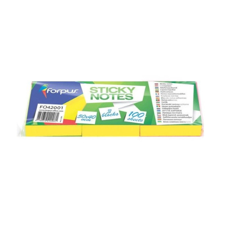 Piezīmju līmlapiņas FORPUS 50x40mm dzeltena 3gb
