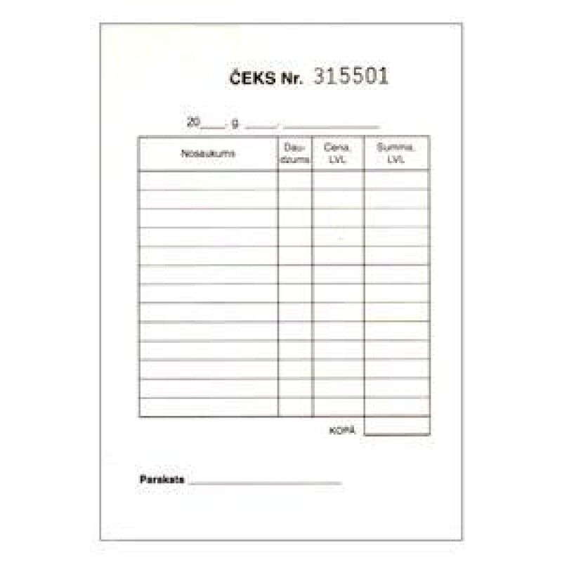 Kvītis Čeks ar numuru, A6, 2kārtu, 50 komplekti