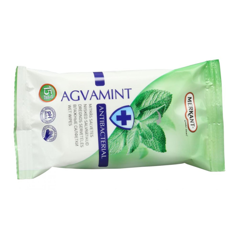 MERKANT Mitrās antibakteriālās salvetes Agvamint, 15 gab./40 iep. kastē/kaste 278x215x182