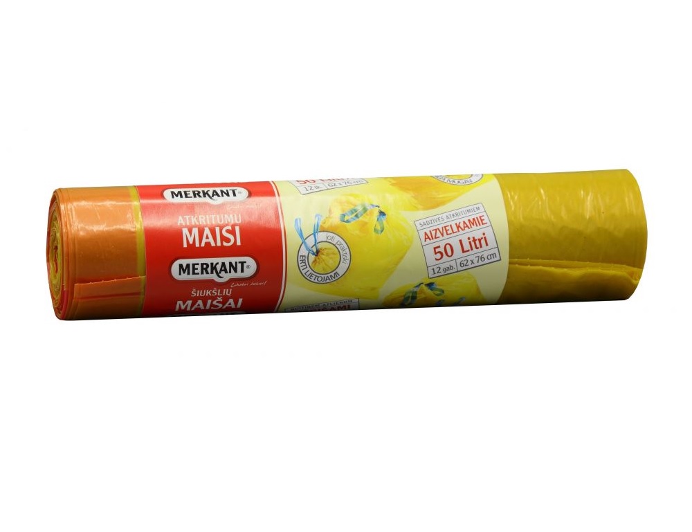 Atkritumu maisi 50L, 62x77cm, dzelteni, aizvelkami